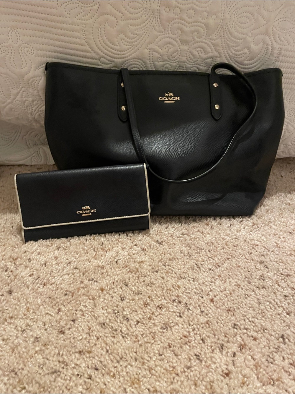 Coach Navy Pebbled Leather Everyday Tote with Wallet